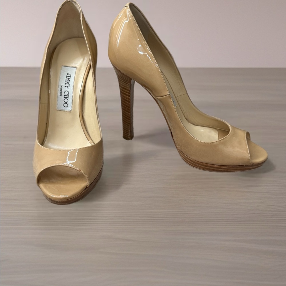 Jimmy Choo paten leather tan pumps Peep Toe
